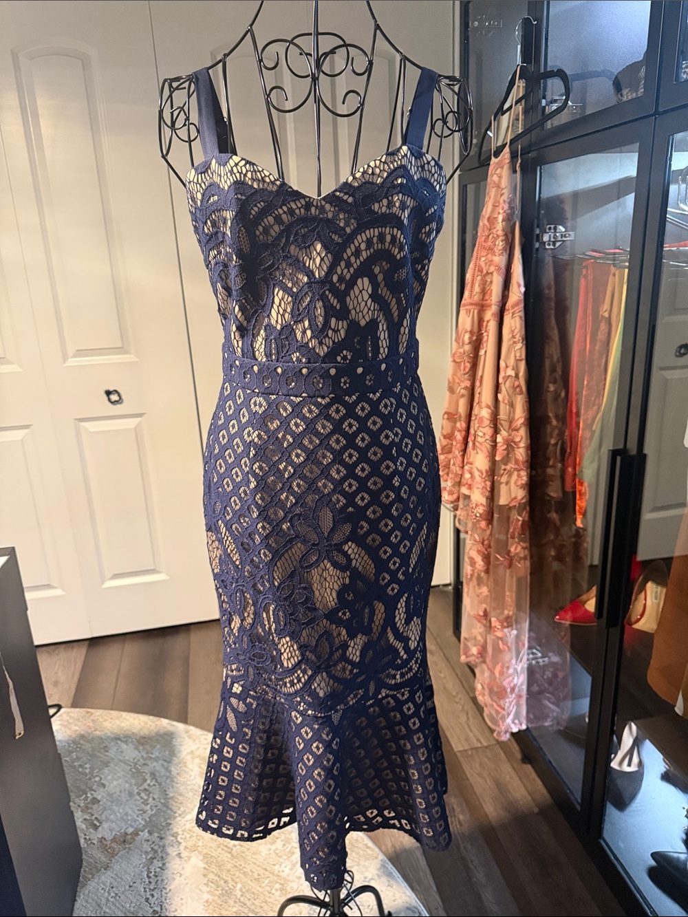 Navy Lace Midi Dress with Nude Underlay - Two Sisters